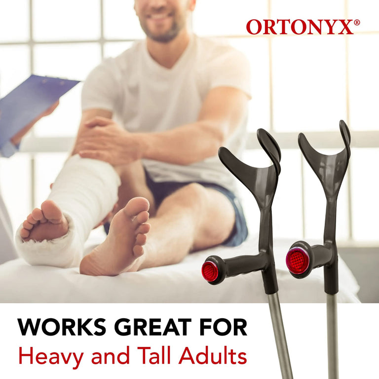 ORTONYX Forearm Crutches for Adults 1 Pair - Open Cuff - Handle with Light Reflector - Built-in Height Adjustment Clip - High Density Sturdy Aluminum - 308lb Max / AL01