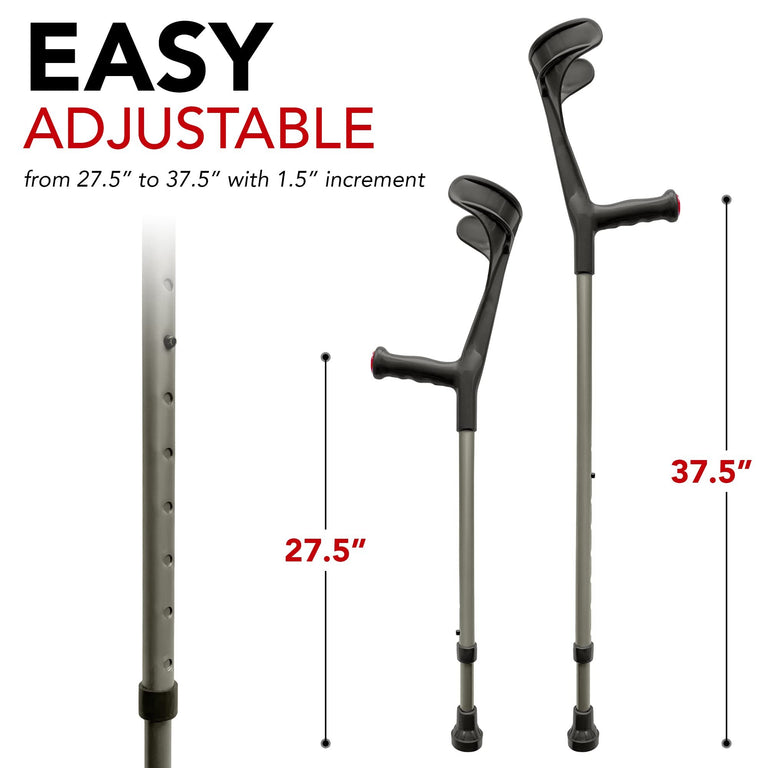 ORTONYX Forearm Crutches for Adults 1 Pair - Open Cuff - Handle with Light Reflector - Built-in Height Adjustment Clip - High Density Sturdy Aluminum - 308lb Max / AL01