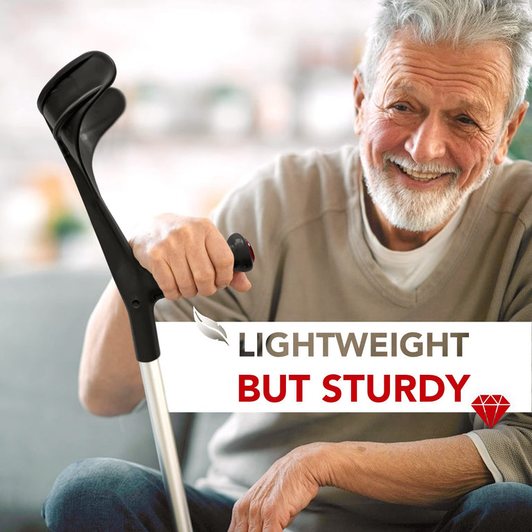 ORTONYX Forearm Crutches for Adults 1 Pair - Open Cuff - Handle with Light Reflector - Built-in Height Adjustment Clip - High Density Sturdy Aluminum - 308lb Max / AL01